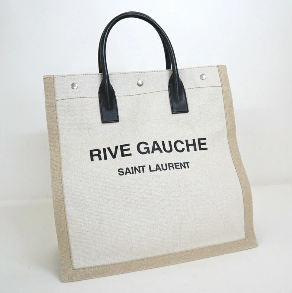 Saint Laurent Rive Gauche Tote Bag Canvas Leather Beige White